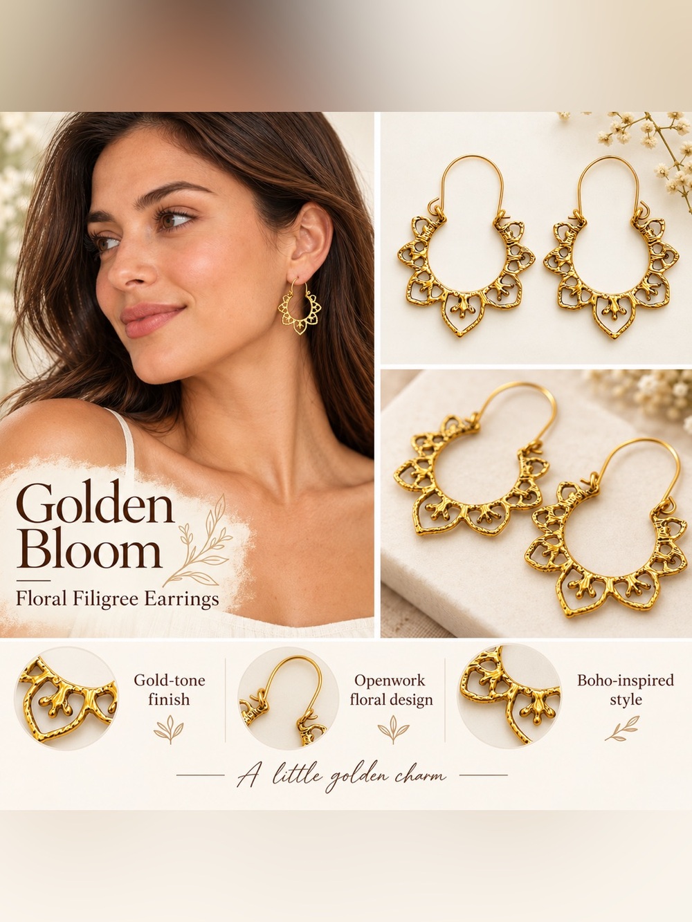 🆕 Gold Floral Filigree Dangle Hoop Earrings
